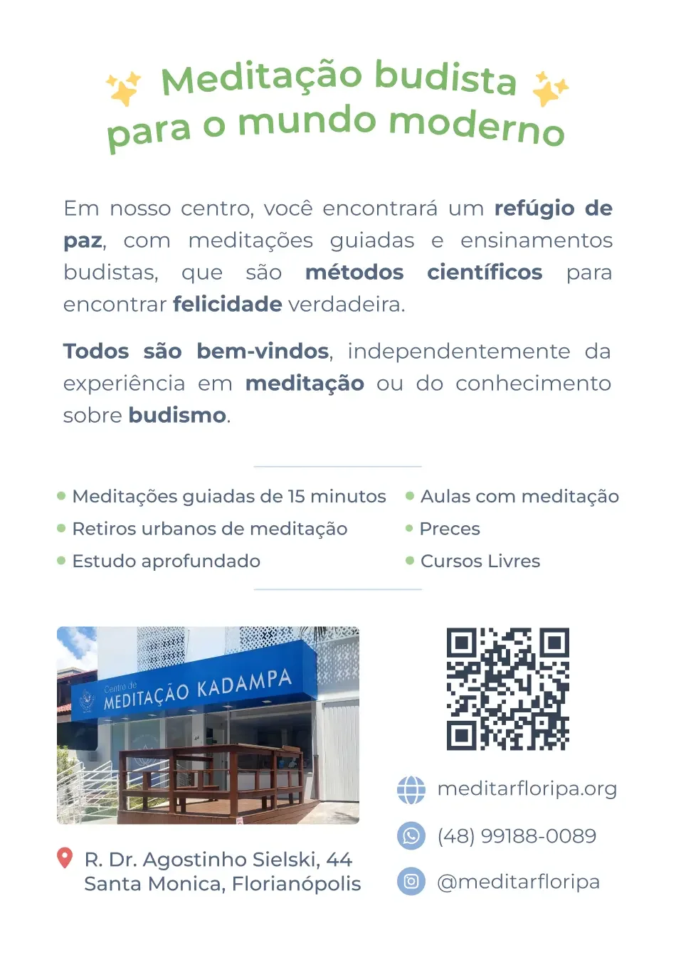 Verso do flyer do CMK com texto de apresentação, lista de atividades, foto da fachada do centro, endereço e QR code