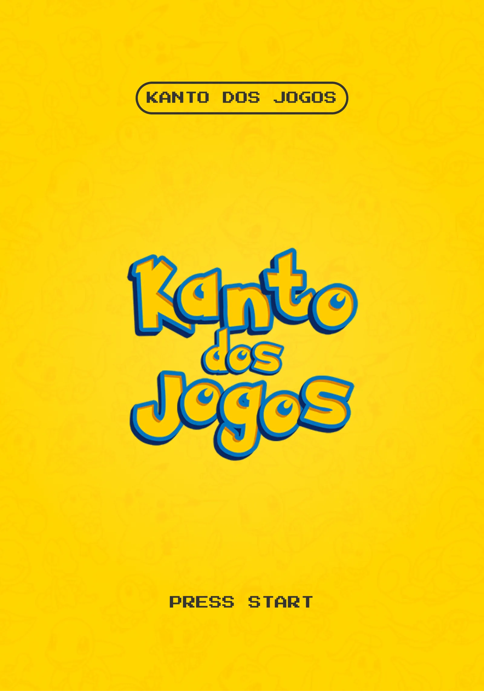 Cartão amarelo do Kanto dos Jogos com lettering azul e moldura inspirada em jogos de oito bits
