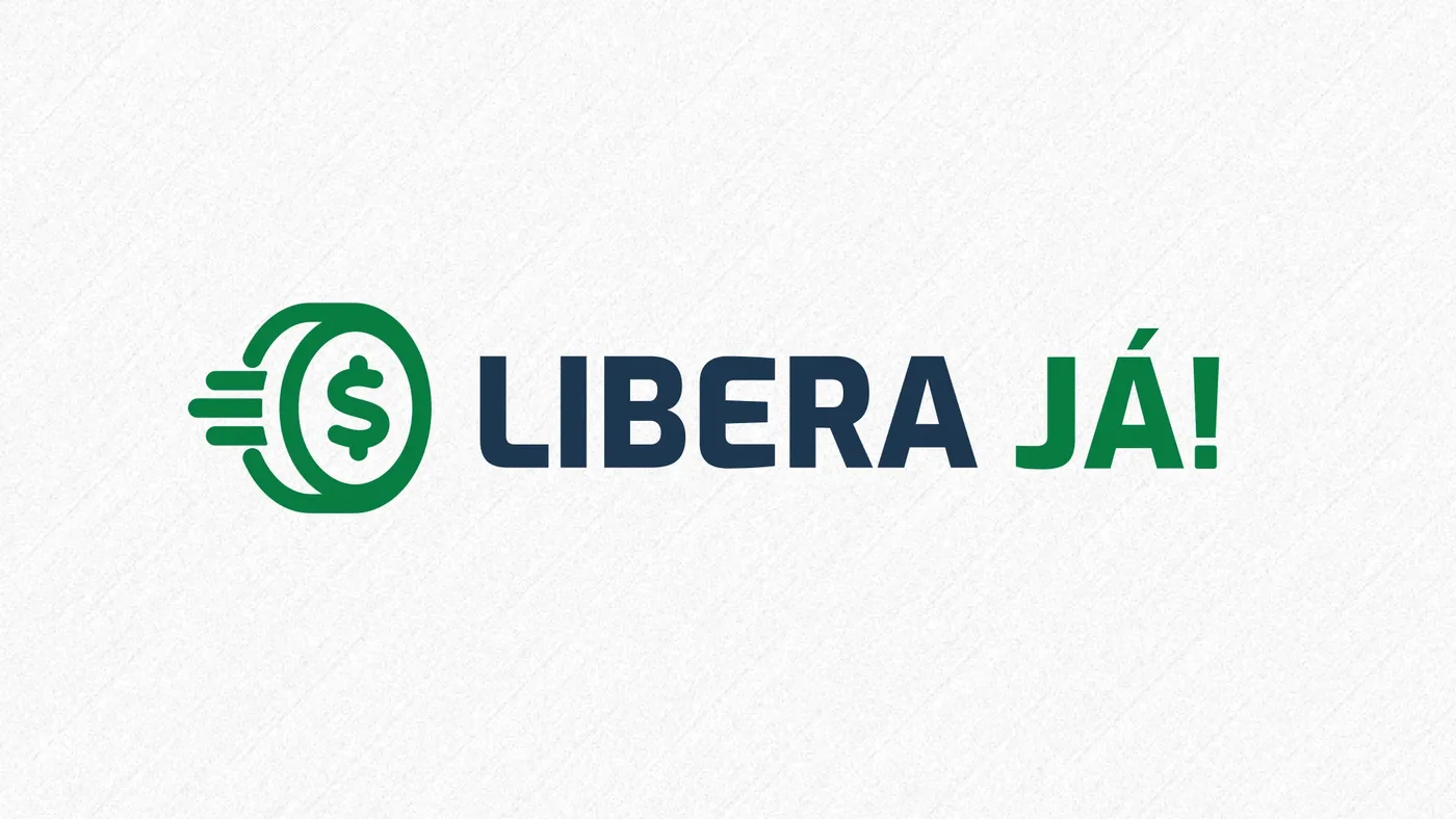 Logotipo do Libera Já sobre fundo claro: moeda verde com traços de velocidade ao lado do nome em azul e verde