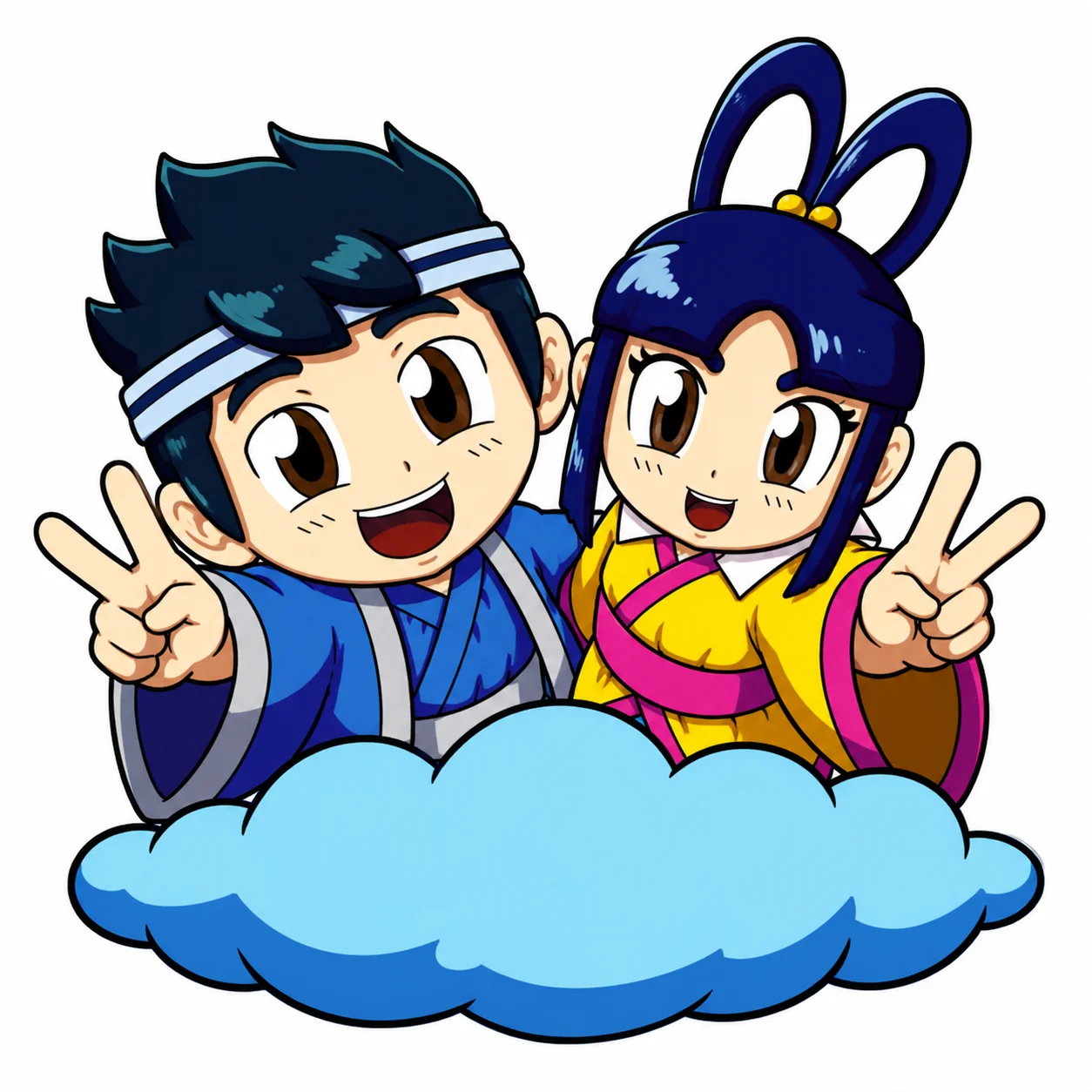 Orihime e Hikoboshi em estilo chibi fazendo sinal de paz sobre uma nuvem azul