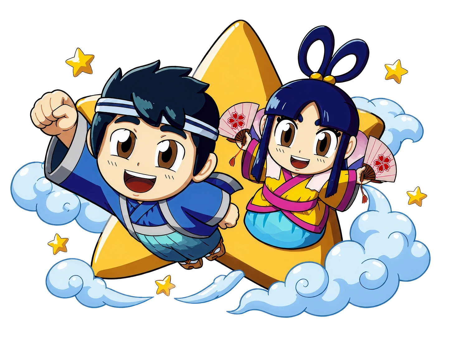 Orihime e Hikoboshi voam entre nuvens e estrelas diante de uma estrela amarela