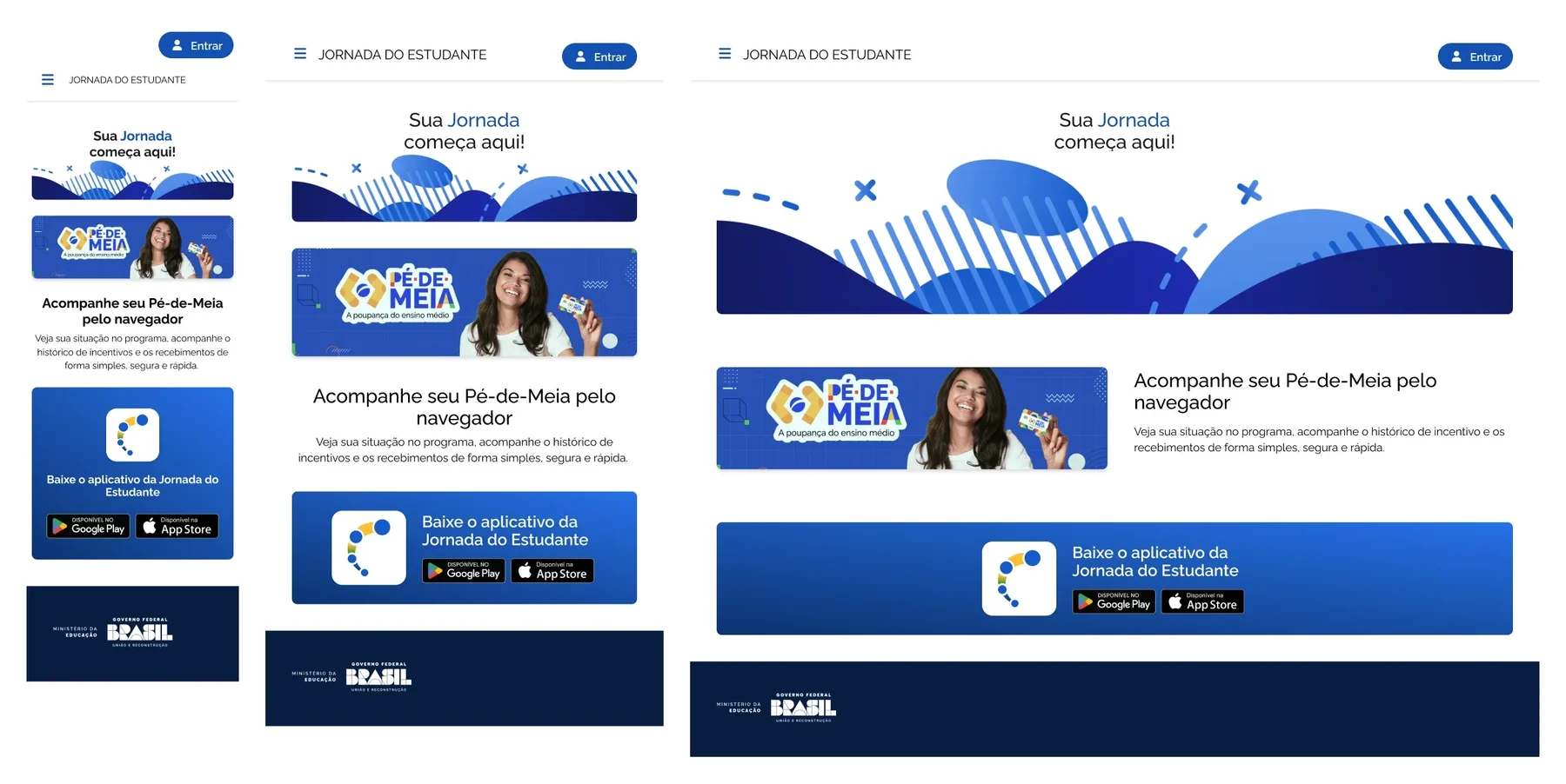 Interface responsiva da Jornada do Estudante e do Pé-de-Meia em celular, tablet e desktop